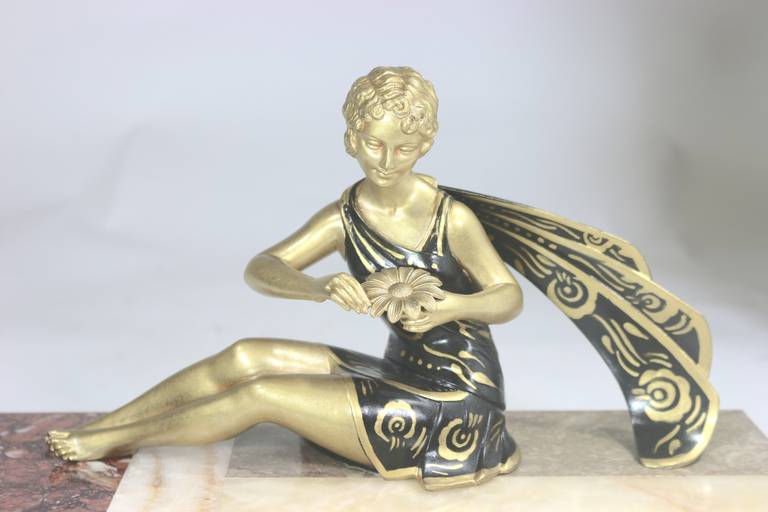French 1930s Art Deco Sculpture Lady with Flower 'He Loves Me, He Loves Me Not' For Sale