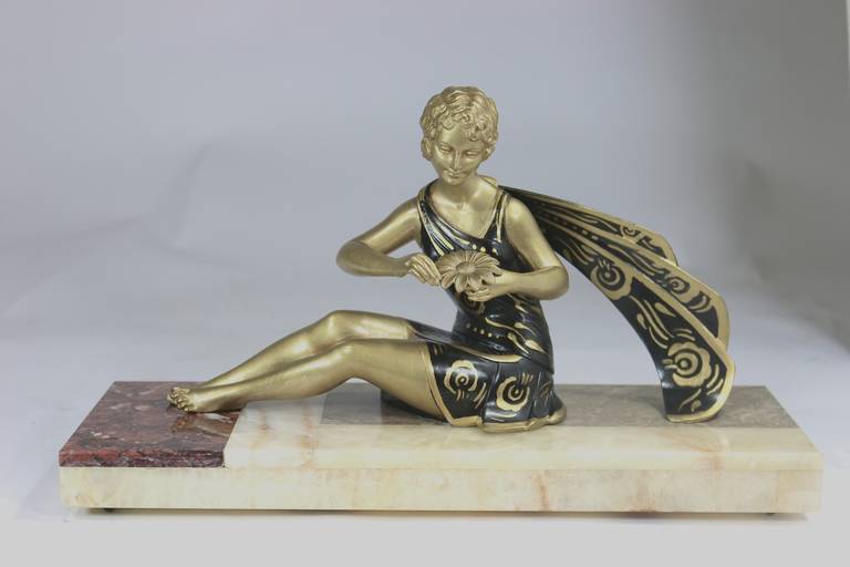 1930s Art Deco Sculpture Lady with Flower 'He Loves Me, He Loves Me Not'