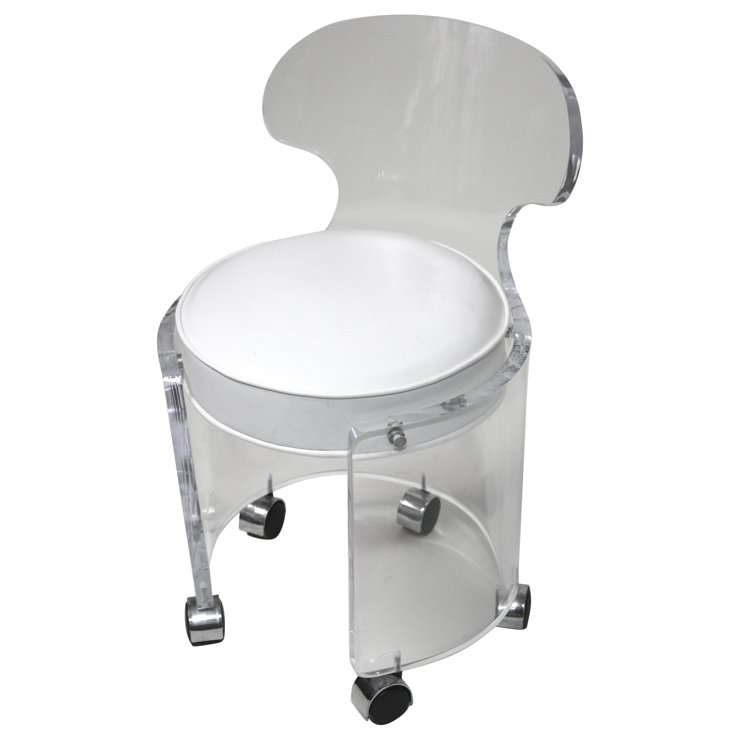 1970 Lucite Vanity Chair , Glam in White Leather Charles Hollis Jones Style For Sale