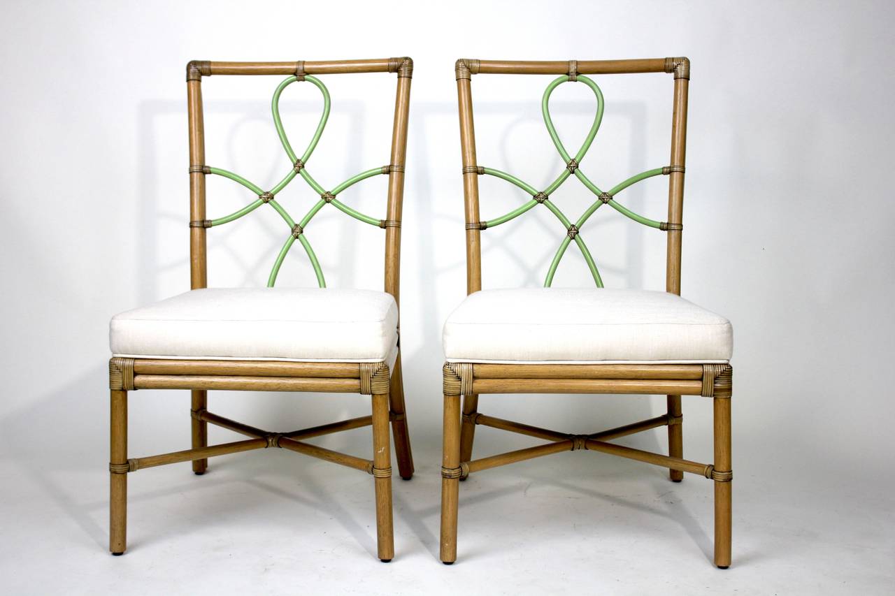 Mid-Century Modern McGuire Pair of Bamboo Side Chairs Diamond Ribbon Back For Sale