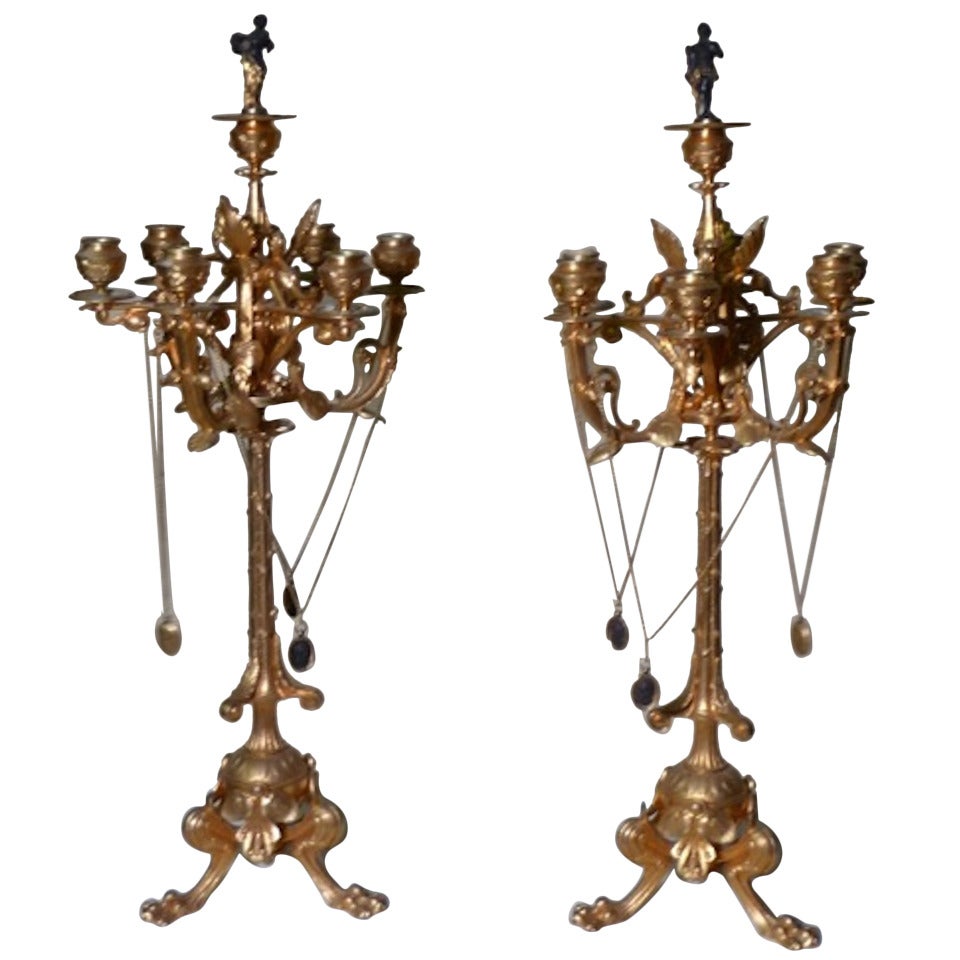 Palatial French Gilt Bronze Candelabras Musician Snuffers, circa 1830  Provenance For Sale