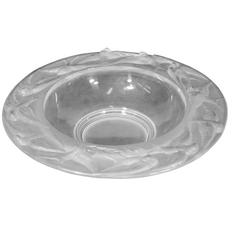 Beautiful Lalique Style Large Crystal Bowl with Flying Swallows in High
