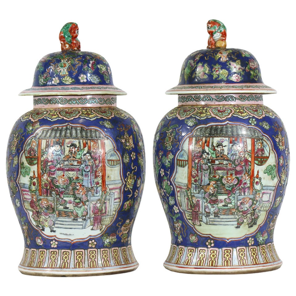 Pair of Large Chinese Porcelain Cobalt Covered Ginger Jars with Foo Dog For Sale
