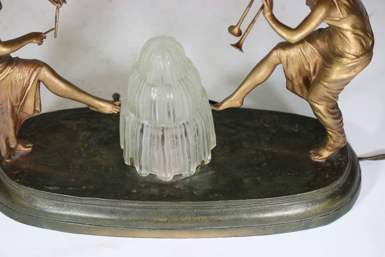 20th Century Art Deco Signed Figural Dancing Ladies Lamp Original Flame Shade Fondeur Mark For Sale