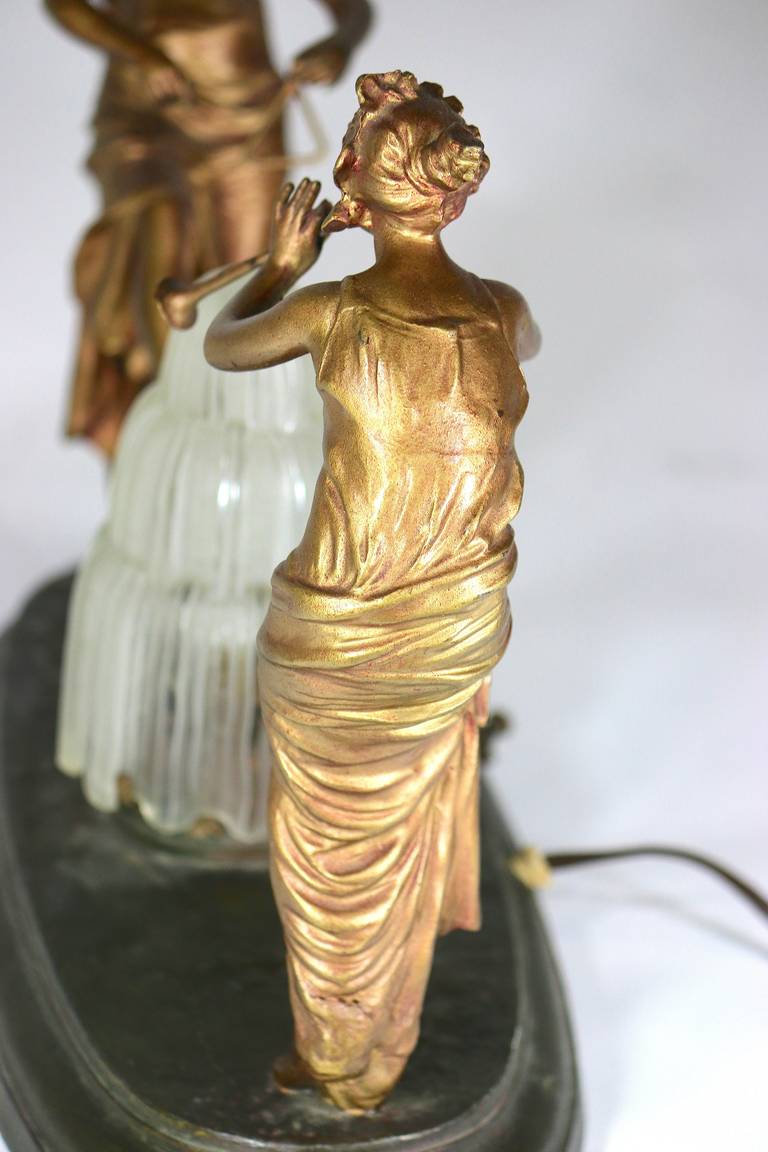 Cast Art Deco Signed Figural Dancing Ladies Lamp Original Flame Shade Fondeur Mark For Sale