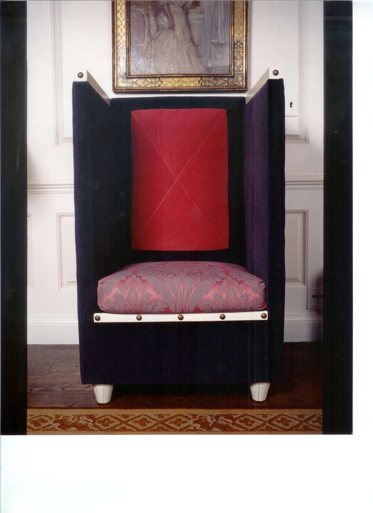 This is a very special limited edition unique gorgeous pair of jewel toned mohair iconic throne chairs designed by Ronn Jaffe. Noted artist and designer, whose work has been seen in some of the finest homes and offices for clients such as Aristotle