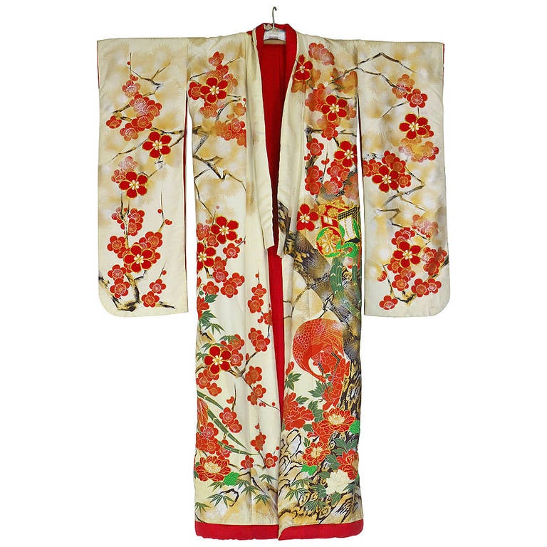 Vintage Japanese Silk Wedding Kimono Embroidered with Gold and Colorful