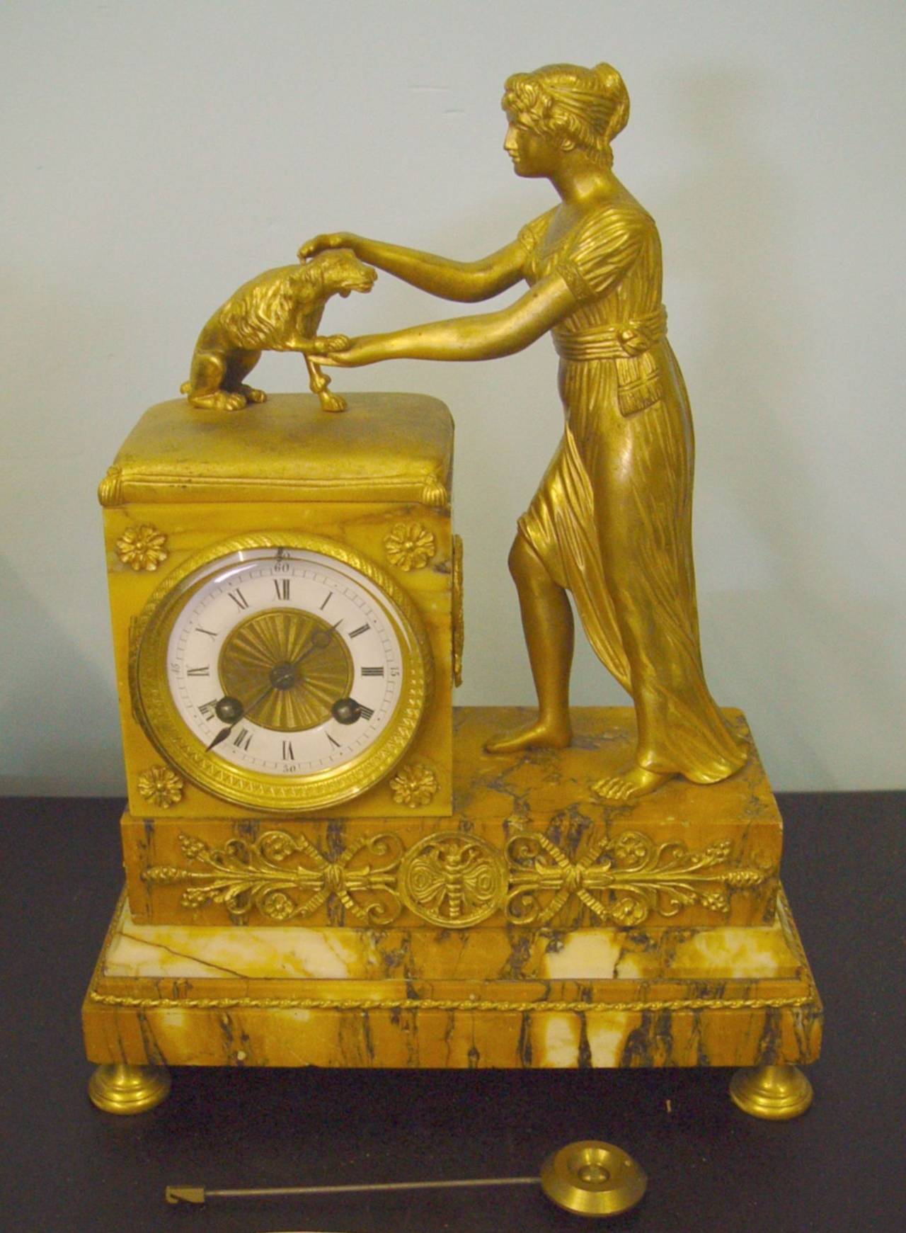 Fine French Empire Gilt Bronze Marble Clock  Goddess with Dog- 19th century