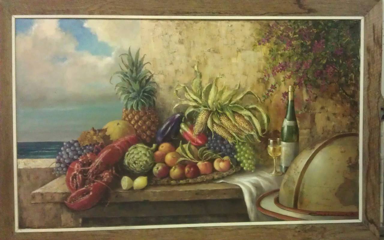 A Sumptuous still life oil on canvas by Belgian Artist Jacques Callaert, large very well executed painting-signed lower right Callaert '80. It would be wonderful to hang in a large kitchen, dining room, or even a fine restaurant for great visual