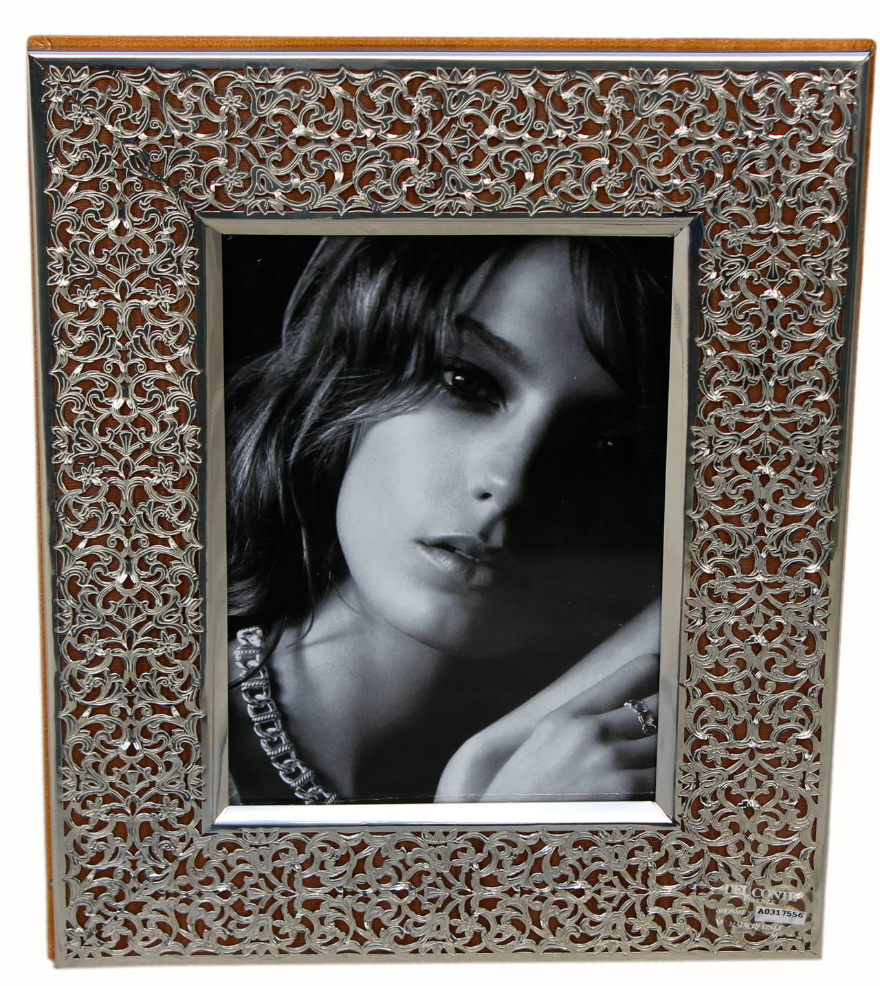 20th Century Exquisite Sterling Filigree and Lambskin Textured Leather Photo Frame