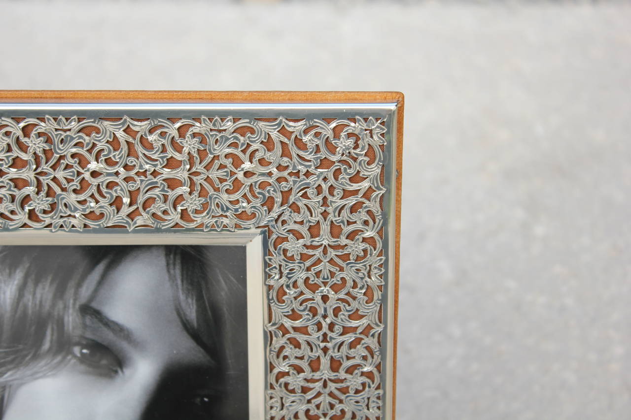 Italian Exquisite Sterling Filigree and Lambskin Textured Leather Photo Frame