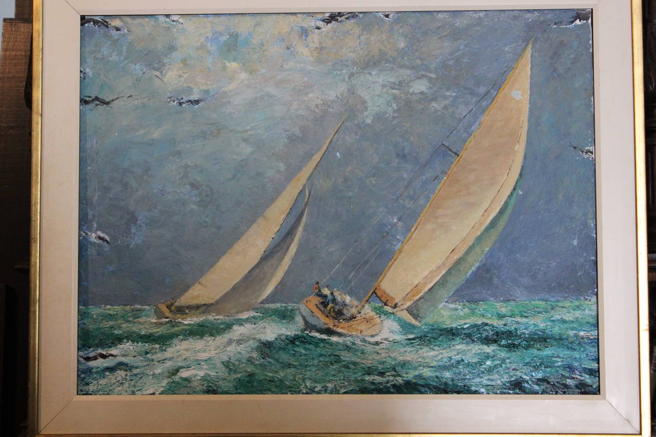 Beautiful Impasto Impressionist Seascape Racing Oil signed Jean