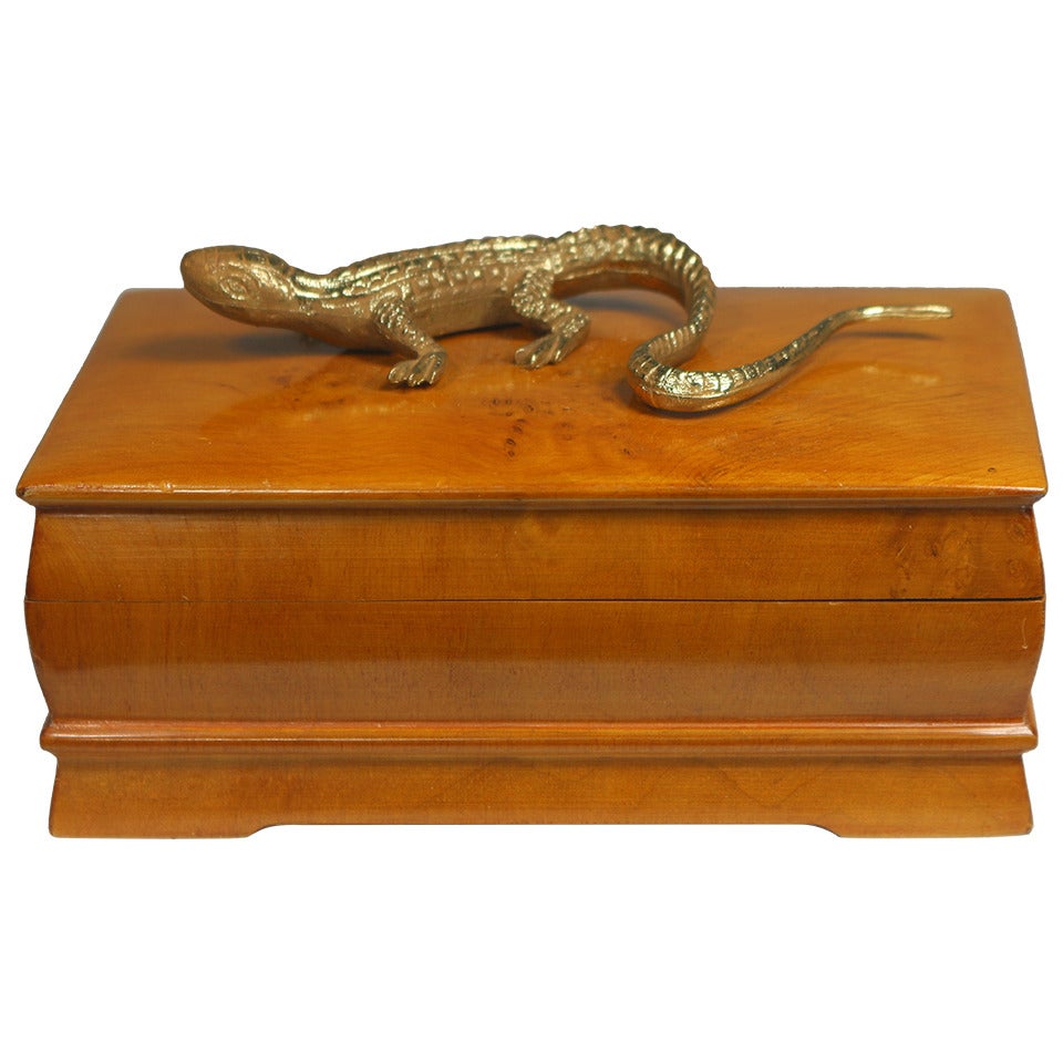 Swedish Elm Burl Box with Gecko Embellishment For Sale