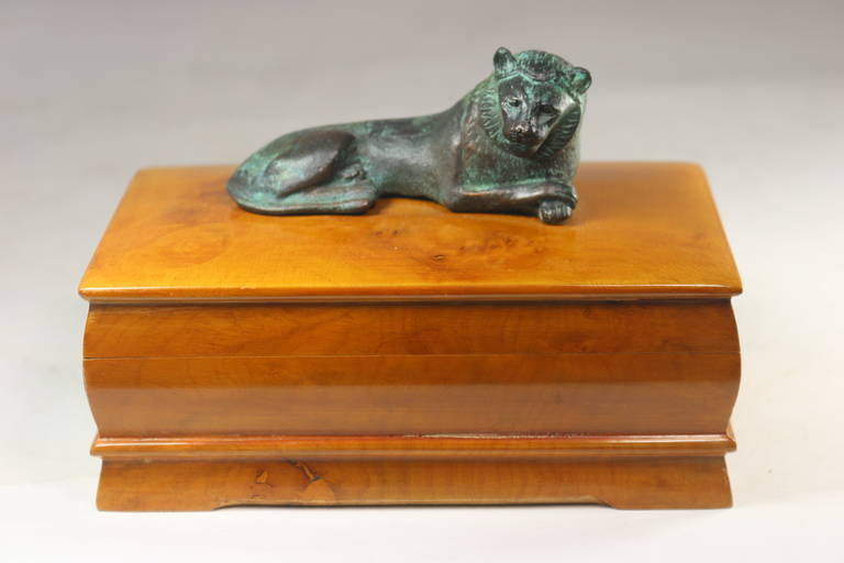 Swedish Elm Burl Box with Green Patina Lion in Repose on Top