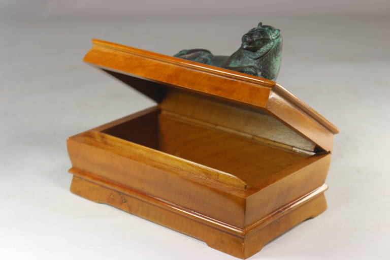 Mid-20th Century Swedish Elm Burl Box with Green Patina Lion in Repose on Top For Sale