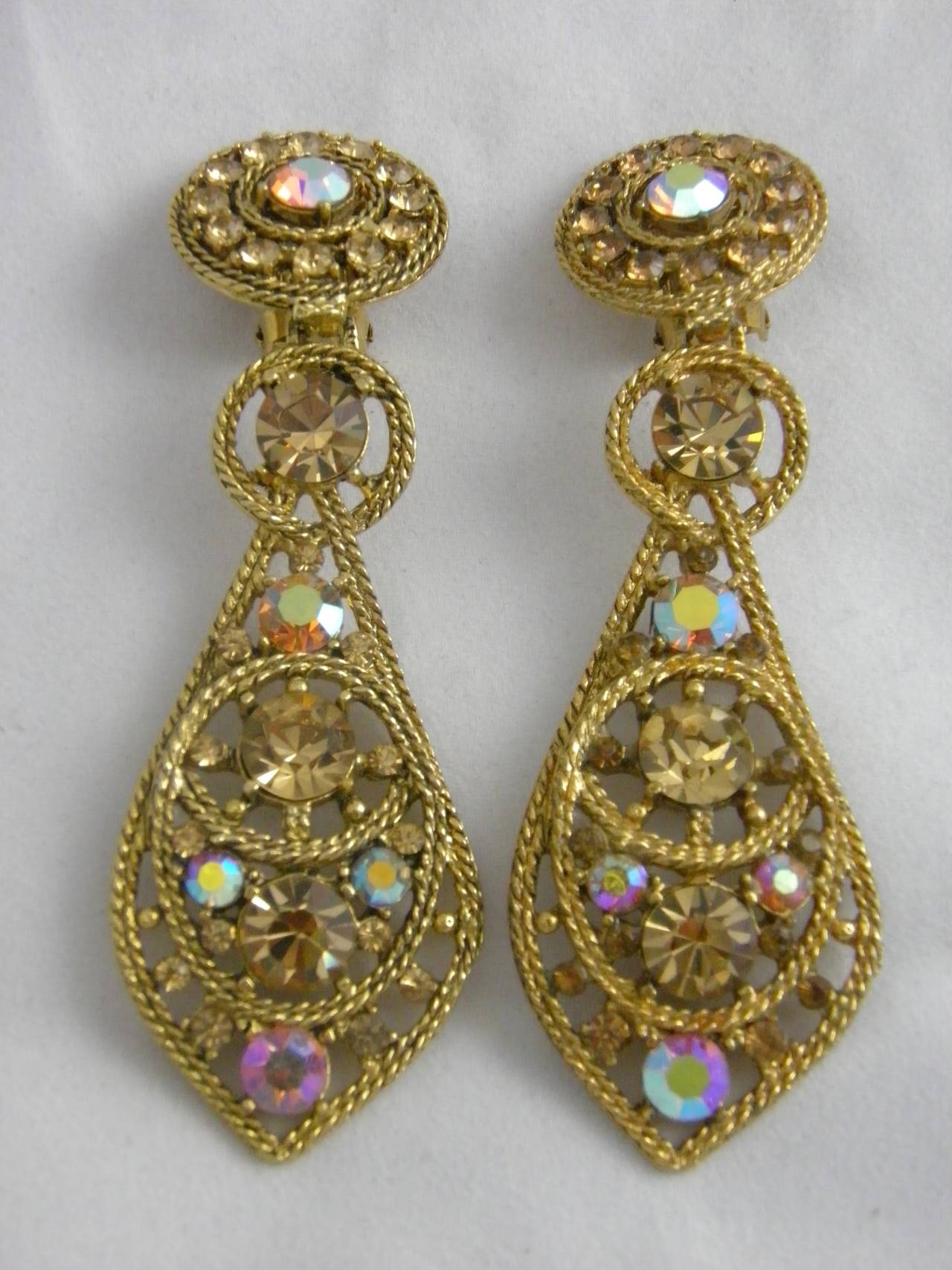 Glam Thelma Deutsch Pendant Earrings with Amber Aurora Borealis Stones In Excellent Condition For Sale In West Palm Beach, FL