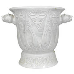 1950 Italian White Ceramic Urn- Geometric Incised Design, Lioness Head Handles