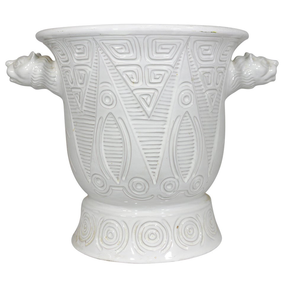 1950 Italian White Ceramic Urn- Geometric Incised Design, Lioness Head Handles For Sale