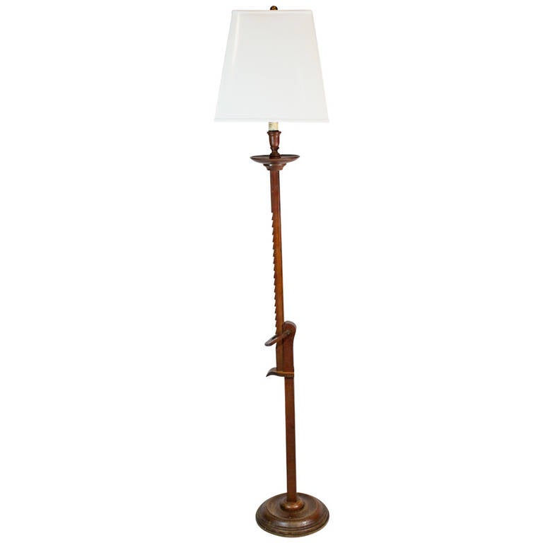 Reported to be Frances Elkins (1888-1953) prototype
Marvelous innovative Mid-Century Modern Prototype style standing lamp in mahogany with
Industrial ratchet mechanism to adjust height, turned base.
Measures: Extends from 56 in to 70” high
American,