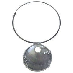 Natural Mother-of-pearl Large Amulet Necklace Silver CZ Design, Sterling Collar Natural Mother-of-pearl Large Amulet Necklace Silver CZ Design, Sterling Collar