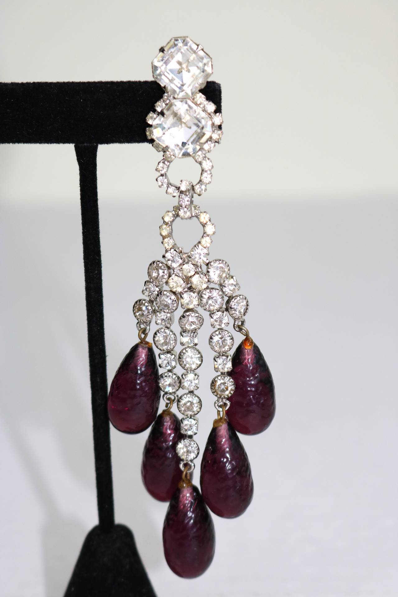 Amazing Robert Sorrell Faux Diamond and Amethyst Chandelier Ear Clips In Good Condition For Sale In West Palm Beach, FL