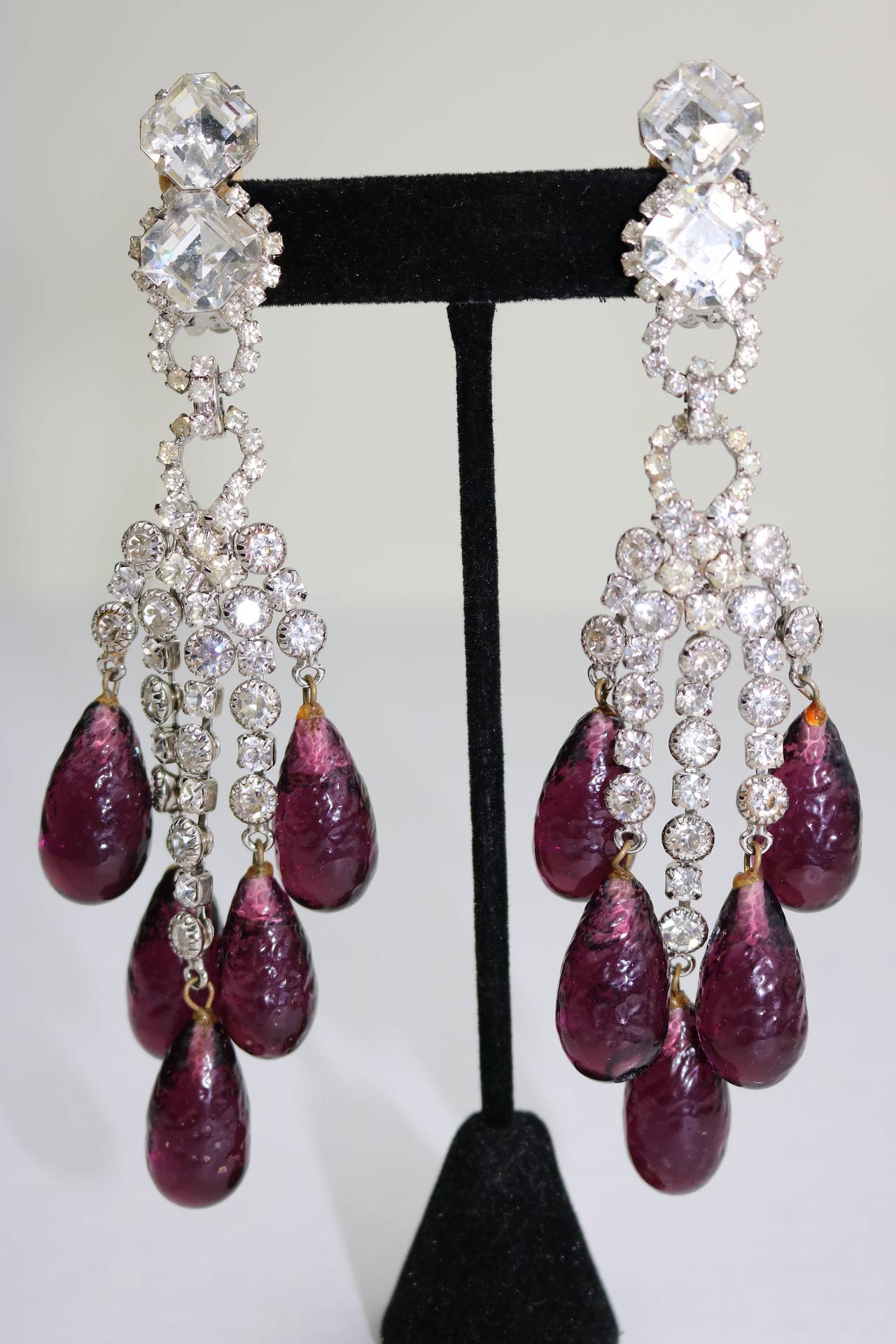 Spectacular runway shoulder-duster one of a kind chandelier drop earrings by Robert Sorrell with Crystal Amethyst Briolettes Drop from faceted sparkly Faux Diamonds in a silver-tone setting. In very good condition, these clip earrings measure 5