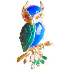1960 Rare Beautiful Signed Crown Trifari Jeweled Owl Brooch
