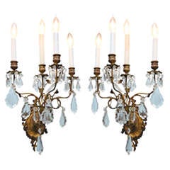 Impressive Pair of French Gilt Crystal Sconces from the Harkness Mansion