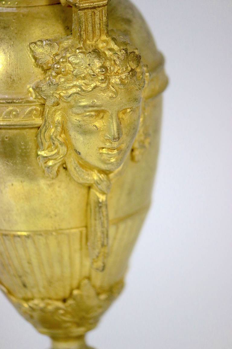 Fine Neoclassic Gilt Bronze Vases Urns Grecian Faces-circa1850 Provenance For Sale 1