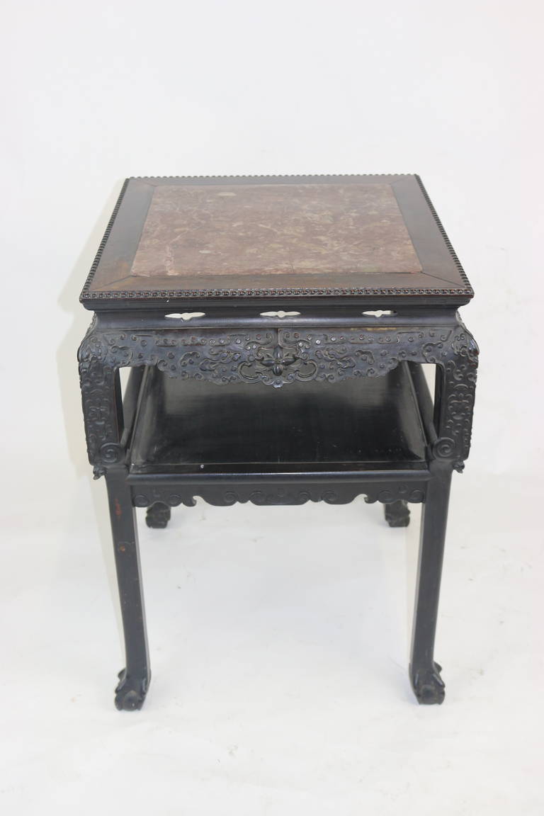 Chinese Export Chinese Qing Hardwood Highly Carved Table Tabouret Marble Inlay Top, circa 1830 For Sale
