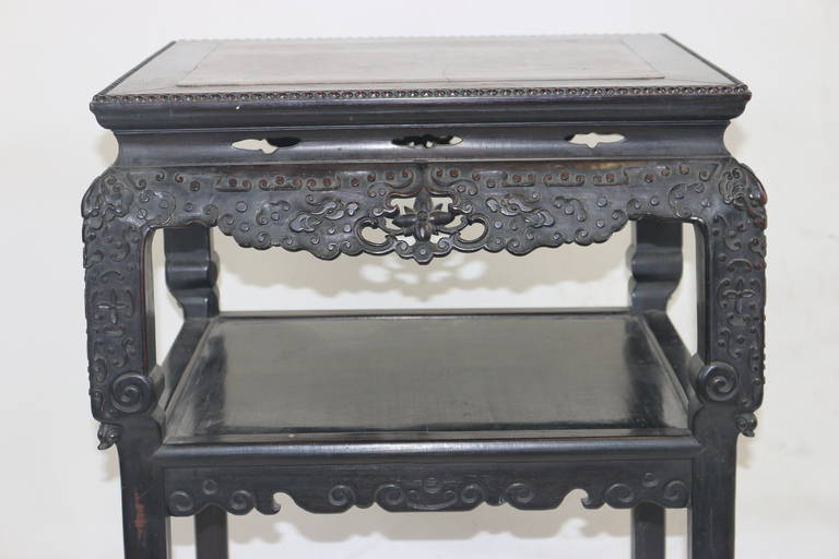 Hand-Carved Chinese Qing Hardwood Highly Carved Table Tabouret Marble Inlay Top, circa 1830 For Sale