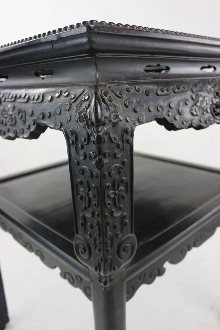 Chinese Qing Hardwood Highly Carved Table Tabouret Marble Inlay Top, circa 1830 For Sale 2