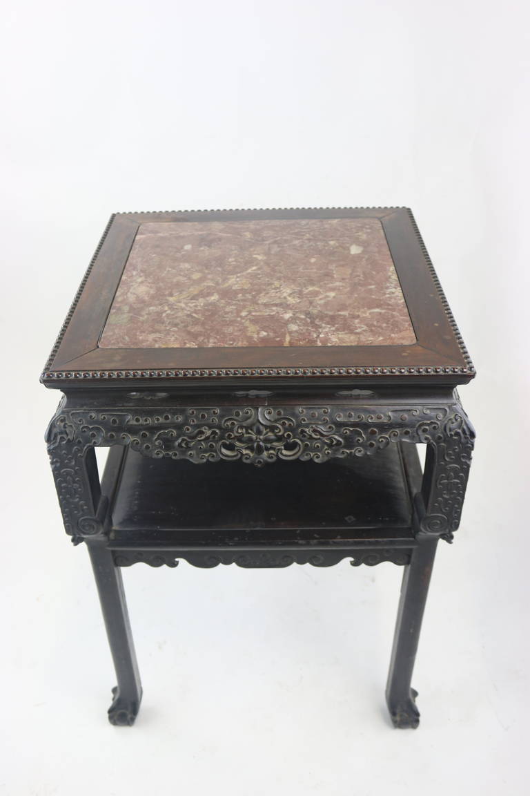 Chinese Qing Hardwood Highly Carved Table Tabouret Marble Inlay Top, circa 1830 For Sale 3