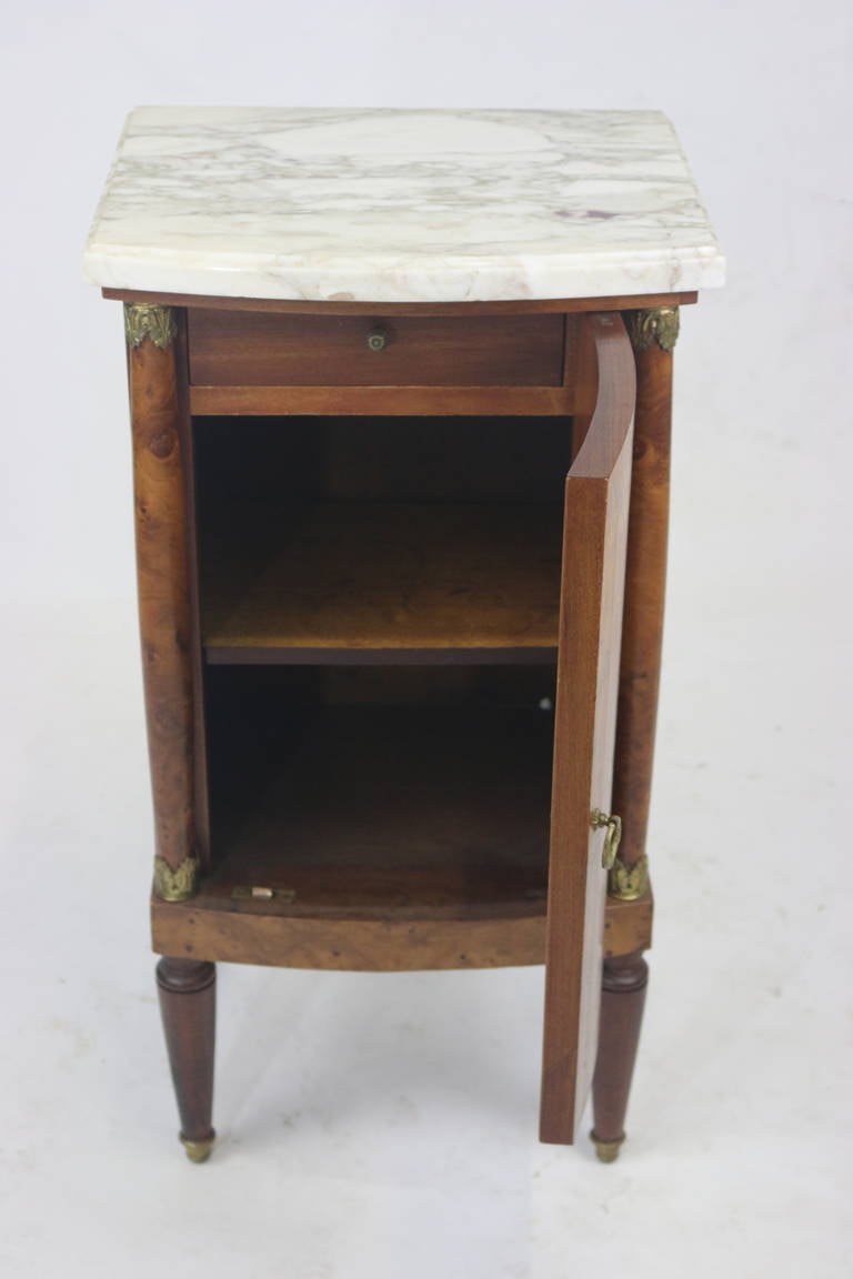 Ormolu 19th Century Fine French Cabinet Nightstand Elm Burl Floral Marquetry Marble Top For Sale