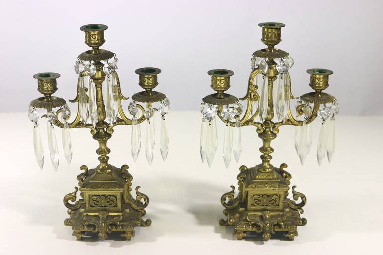 Pair of Neoclassic Girandoles Candle Holders with Fine Cut Crystal Pendants 2