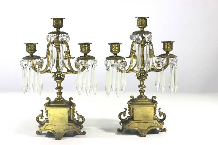 19th Century Pair of Neoclassic Girandoles Candle Holders with Fine Cut Crystal Pendants