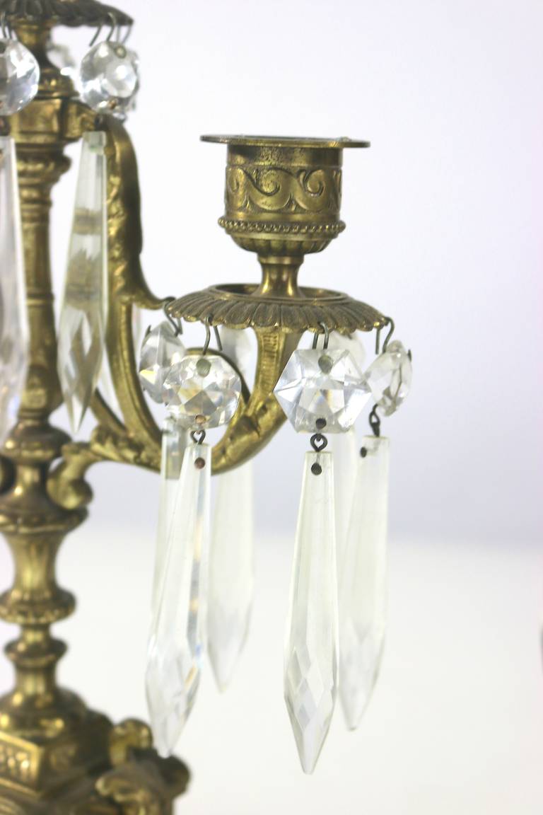 Pair of Neoclassic Girandoles Candle Holders with Fine Cut Crystal Pendants 1
