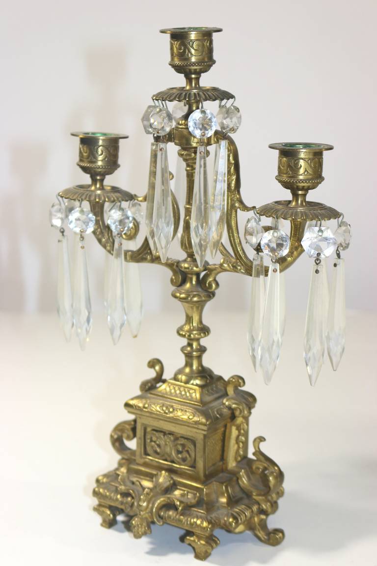 Neoclassical Pair of Neoclassic Girandoles Candle Holders with Fine Cut Crystal Pendants
