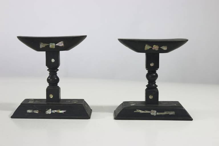 19th Century African Wood Head Rest with Mother-of-Pearl Inlay