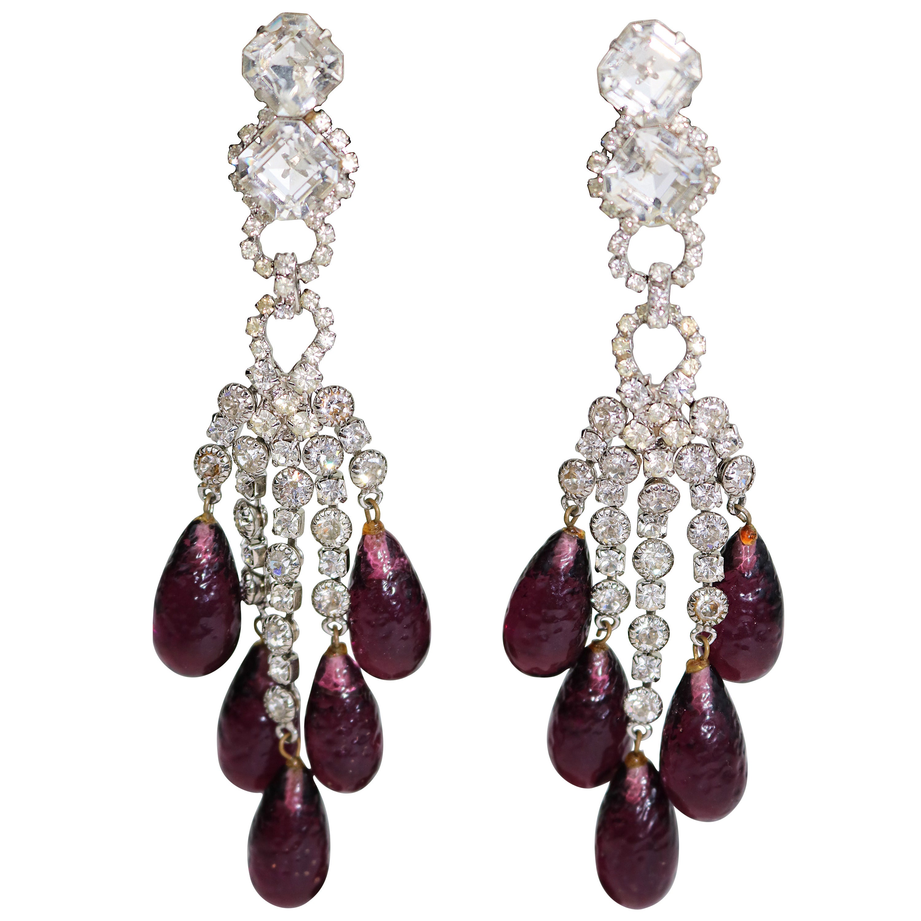 Amazing Robert Sorrell Faux Diamond and Amethyst Chandelier Ear Clips For Sale