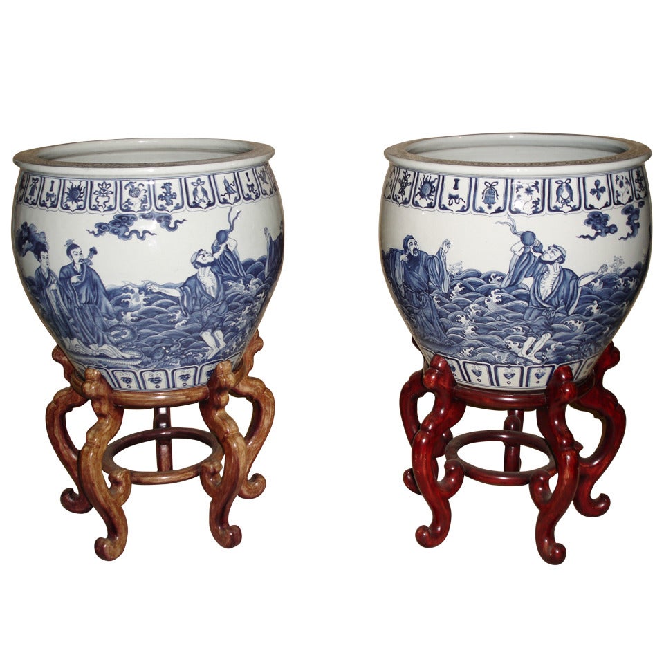 Monumental Chinese Blue White Porcelain Jardinieres Urns 19th century For Sale