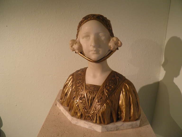 Art Nouveau Dutch Queen Wilhelmina Marble Gilt Bronze Signed- Historic Sculpture circa 1890 For Sale