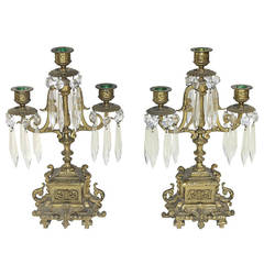 Pair of Neoclassic Girandoles Candle Holders with Fine Cut Crystal Pendants