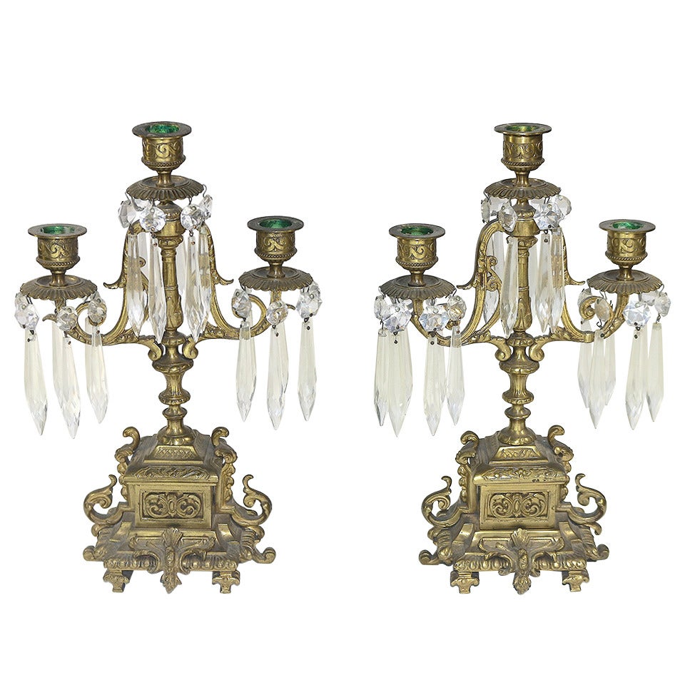 Pair of Neoclassic Girandoles Candle Holders with Fine Cut Crystal Pendants