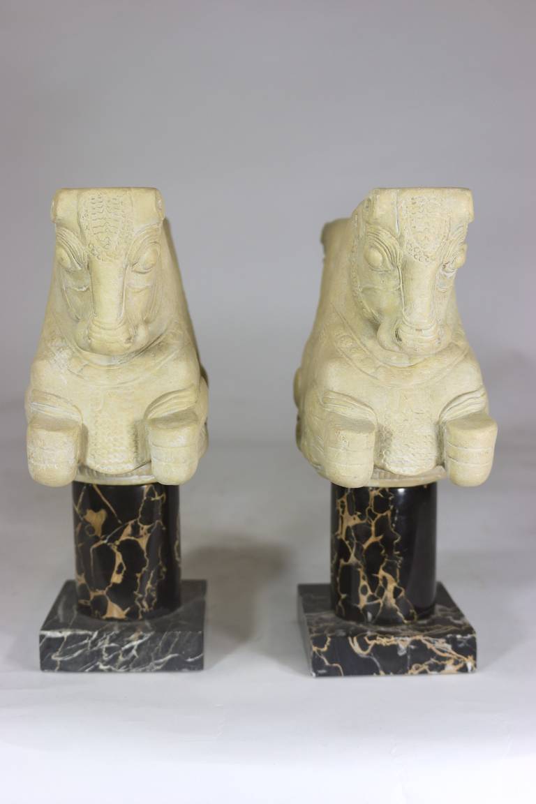 Cast Stone 1950s Louvre Classical Greek 'Double Bull' Bookends on Marble Pedestal For Sale