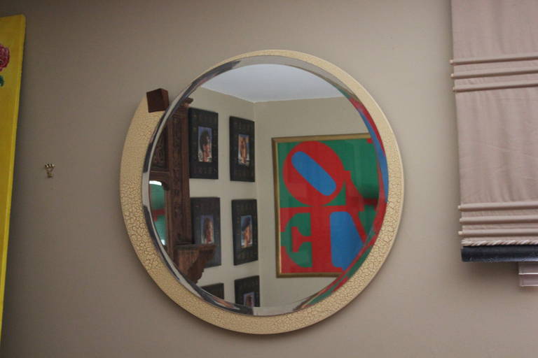 1980s Ivory Crackle Revolving Spinning Mirror signed by designer For Sale at 1stdibs