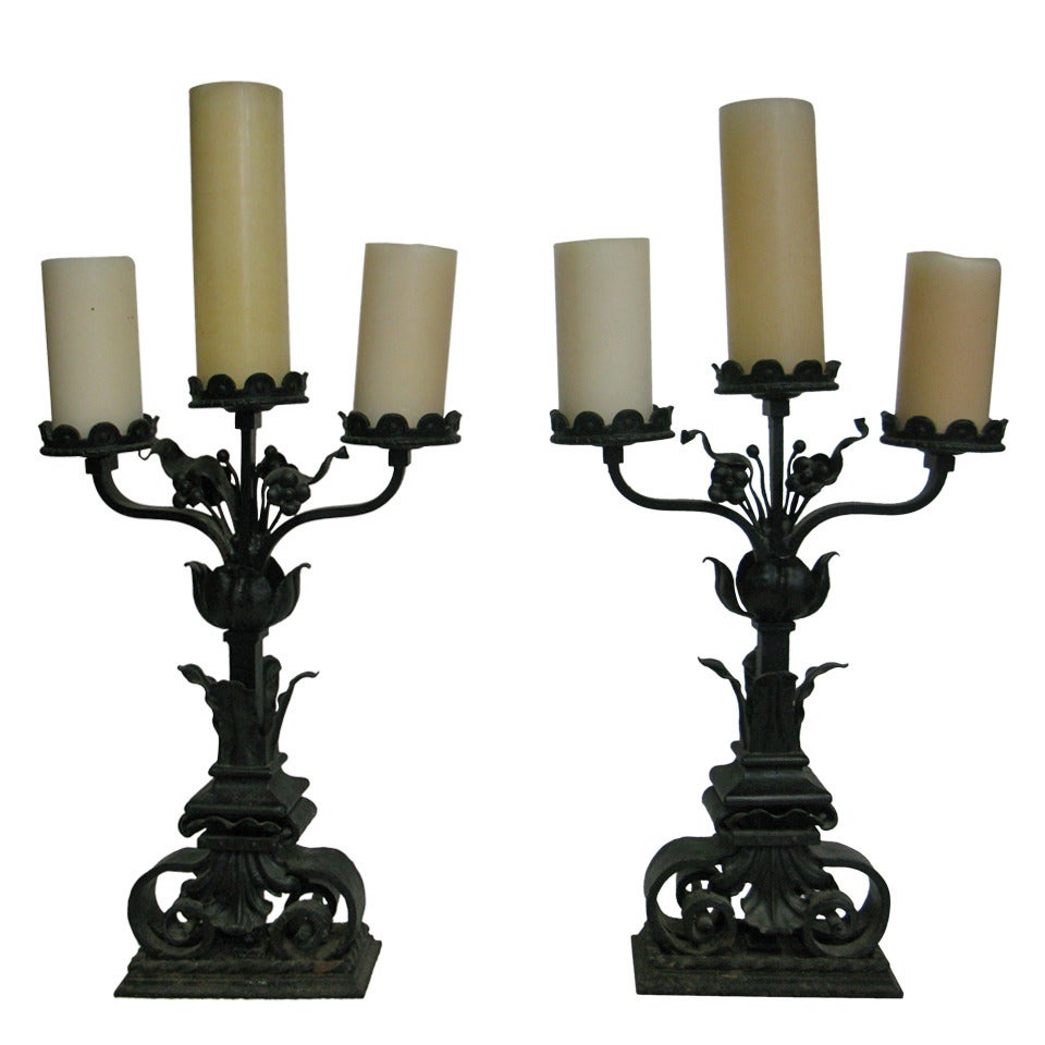 Historic Chateau Masterful Pair Large Iron Candelabra--19th Century -Provenance For Sale
