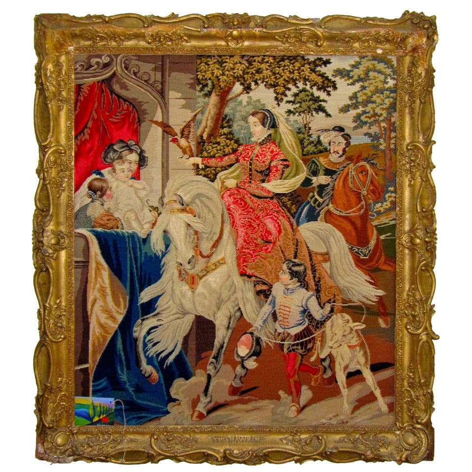 19th Century Needlepoint Tapestry of 16th Century Royal English Scene Hawking For Sale