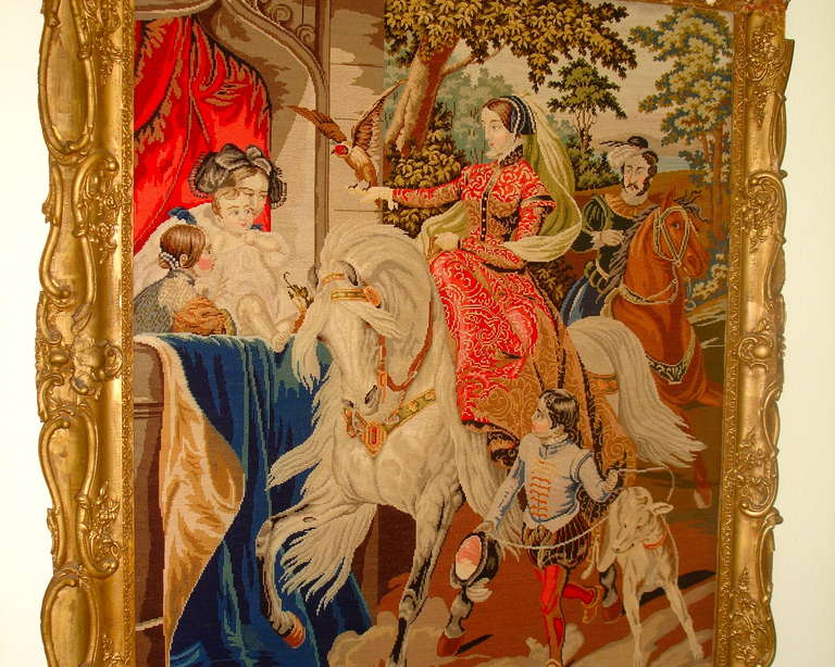 19th Century Needlepoint Tapestry of 16th Century Royal English Scene Hawking For Sale 4