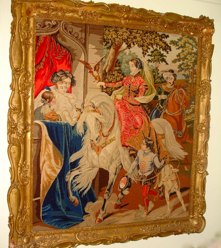 19th Century Needlepoint Tapestry of 16th Century Royal English Scene Hawking For Sale 1